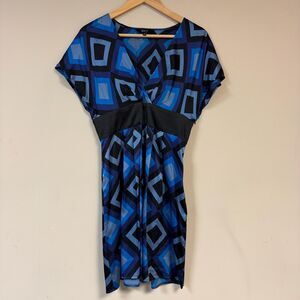 Express Blue Geometric Print V-Neck Dress Womens M Black Blue Short Sleeve Tunic